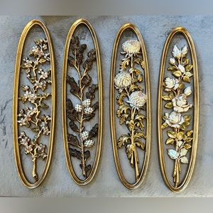 Gold Burwood Syroco Floral Oval 4 Vintage Wall Plaques Flowers Hollywood Regency